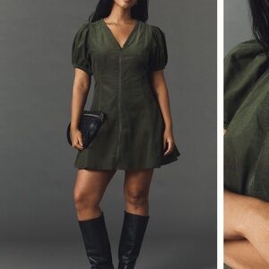 Pilcro 1X Puff-Sleeve Corduroy Mini Dress NWT olive green